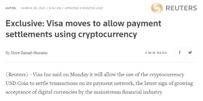 Reuters coverage on VISA allowing payment settlements.